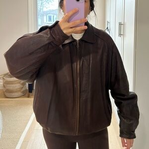 Vintage Chocolate Brown Leather Bomber Jacket, unisex, very stylish